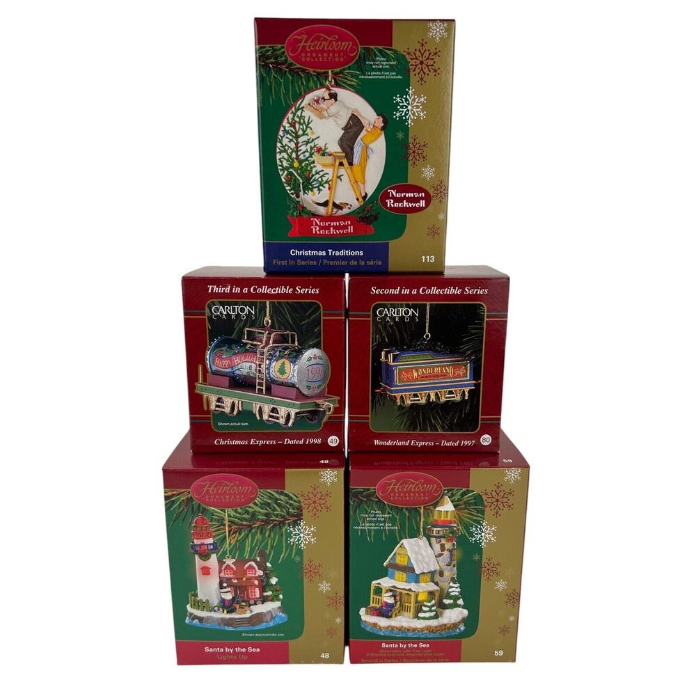 5 Carlton Cards Heirloom Collection Christmas Santa Rockwell Wonderland Express